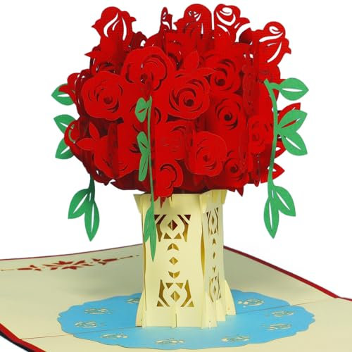 LIN17522, POP UP Karte - Strauss Rosen - 3D Blumen-Strauß Geburtstags-Karte - Hochzeit - Valentine - Jahrestag - Geschenk - Gruß-Karte mit Blumen-Motiv - Klapp-Karte - Rosen Rot, N275