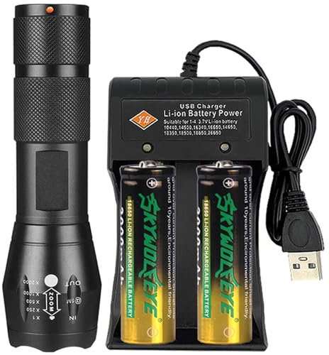 COXNSXX Bright Flashlight, with 2 Rechargeable 18650 Batteries and 2-Slot USB Universal Battery Charger, Adjustable, Zoomable, 5 Modes, Water Resistant Light, Torch Battery Charger Set