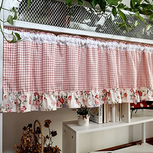 USbelff Landhaus Küchengardine in Rot Karo | Baumwolle Spitze Kurzvorhang für kleine Fenster | 40x150cm | 1 Stück