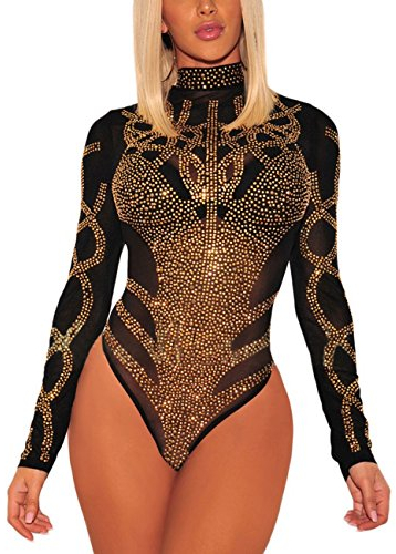 MAYFASEY Damen Sexy Strass Mesh Langarm Rollkragen Body Durchsichtige Trikotoberteile, Schwarz, M