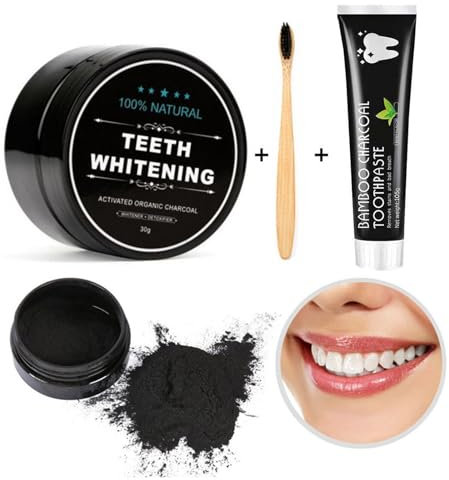 Pemarlis 2pcs Aktivkohle Pulver Zähne Zahnaufhellung,Weisse Zähn-mit Bambus-Zahnbürste,1pcs Bamboo Charcoal Zahnpasta,Activated Charcoal Powder Aktivkohle Zahnpasta