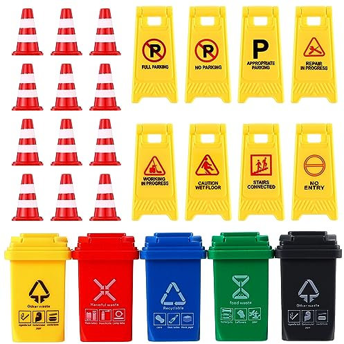 SAFIGLE 25 Pièces Panneaux De Signalisation Cônes De Sécurité Routière Arrêtez Le Signe Lent Poubelles Rue Panneaux De Signalisation Jouets Poubelle Modèles Enfants Accessoires Éducatifs