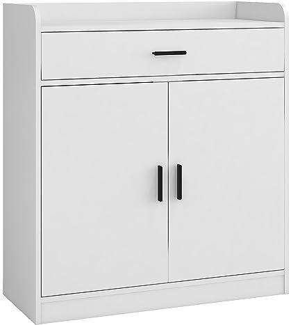Panana Modern Wooden Shoe Cabinet, Freestanding Hallway Storage 2 Doors 1 Drawer Wall Hidden Shoe Cabinet Footwear Organizer & Stylish Wood Sideboard Unit (White)