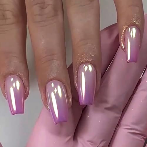 Ceboic 24Pcs French False Nails, Acrylic Press on Nails Medium Coffin Fake Nails, Glossy Removable Stick on Nail with Glue Stickers for Women and Girls DIY Manicure - Pink Gradient