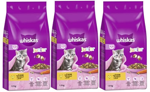 WHISKAS Beutel Katzenfutter Trockenfutter (3X 1900g, Junior mit Huhn)