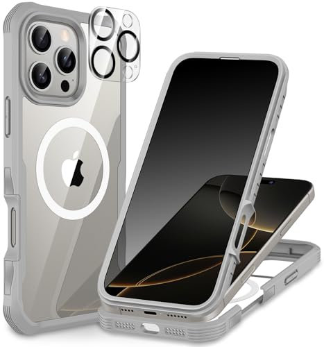 CENHUFO Magnética Antiespia Funda iPhone 16 Pro, Compatible con MagSafe Integrado Privacidad Cristal Templado Protector Pantalla y Protector cámara, 360 Grado Antigolpe Carcasa Capa Doble Case -Gris