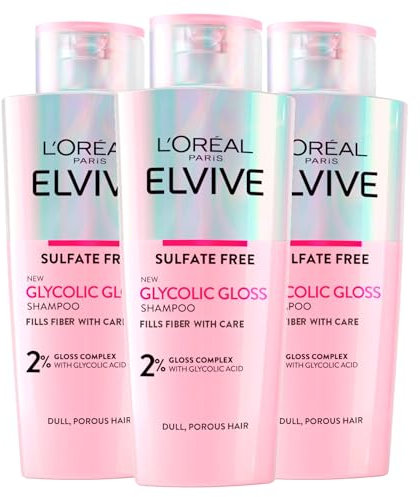 L'Oréal Paris Elvive Glycolic Gloss Shampoo con Acido Glicolico per Capelli Spenti e Porosi Lucentezza Intensa e Duratura - 3 flaconi da 200 ml