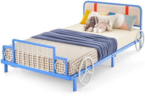 GYMAX Single Kids Bed, Children Platform Bed with Upholstered Headboard & Footboard, Toddler Bed Frame for Girls Boys(Blue Train Shape,203 x 98 x 68cm)