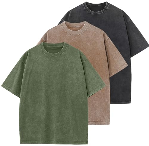 Oversized T-Shirt für Herren Heavy Baumwolle Regular Fit Basic Männer T-Shirt Set Casual Sommer Tops(SchwarzBraunArmeegrün 2XL)