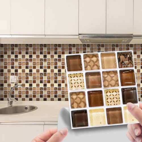 Pegatinas De Azulejos Mosaico Marrón Resistente Al Agua Pegatinas De Azulejos De Pared,Pared Cocina,Calcomanía De Pared Pegatina De Pvc Para Decor Azulejos Muebles Baño20X20Cm