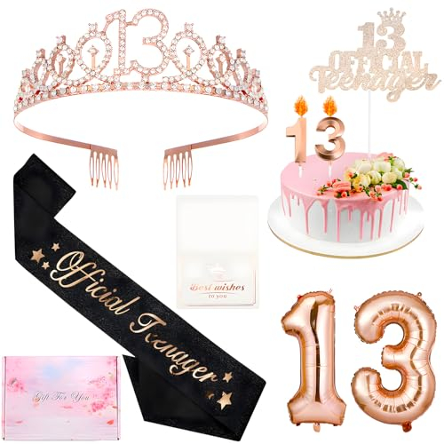 13.Geburtstag Mädchen Deko 13.Geburtstagsschärpe Krone Kerzen Luftballons für 13 Geburtstag Mädchen Party Deko Supplies Teenager Geschenke
