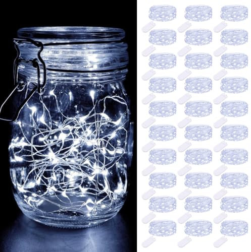 btfarm 30 Stück LED Lichterkette Batterie Klein, 2M 20LED Silberdraht Mini Lichterkette Batteriebetrieben, Micro Lichterkette Draht Wasserdichte für Weihnachten Hochzeit Party Innen Deko, Kaltes Weiß