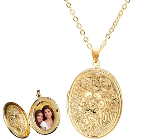 TJUSPIRIT Vintage Medaillon zum Öffnen für Bilder Foto Kette Edelstahl Photo Bild Amulett zum Öffnen Oval Medaillon Amulett Foto Halskette Charms Schmuck Geschenk für Damen Mädchen(Gold)