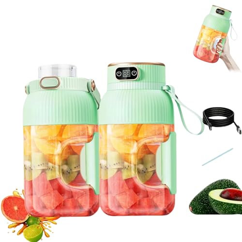 2024 - Exprimidor portátil multifuncional con pantalla digital, licuadora portátil para batidos sobre la marcha, licuadora de jugo, recargable por USB (taza de jugo verde + vaso para beber)