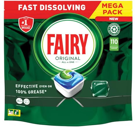 Fairy Tablettes tout-en-un originales pour lave-vaisselle – 110 tablettes – Nettoyage puissant, élimination de la brillance et de la graisse – Formule tout-en-un pratique pour des plats impeccables