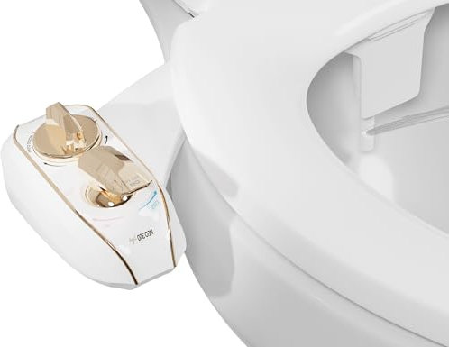 LUXE Bidet NEO 320 Plus – Bidet à fixer sur abattant WC, charnières innovantes, installation coulissante, auto-nettoyage 360°, eau chaude, double buse, lavage arrière et féminin, doré