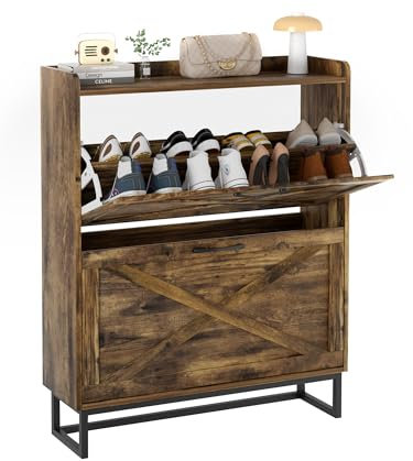 FiveWillowise Schuhschrank mit 2 Klappen, Schuhregal für Flur, schmaler Schuhkipper mit 4 Ablageflächen Schuhkommode mit Metallfüßen, Schuhaufbewahrung Holz Wand, 80x23,8x101,7 cm, Braun