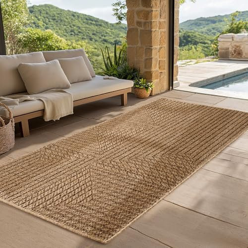 SIMPEX Indoor Outdoor Teppich Wetterfest pflegeleicht im natürlichen Jute-Look, Sisal Teppich Wohnzimmer, Küche, Terrasse, Garten und Balkon, 80x150 cm