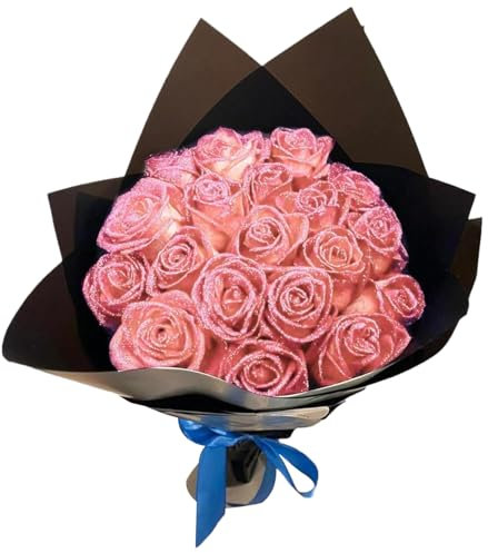 Glitter Roses Bouquet 1 Set Realistic Artificial Rose Bouquet Set Includes 12 Flower, 12 Stem, 2 Wrapping Paper & 2 Ribbon Romantic Everlasting Fake Flowers for Wedding, Valentine Glitter Roses