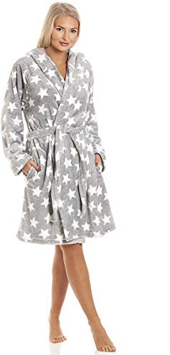 Camille Women's Super Soft Fleece Hooded Dressing Gown - White Star Knee Length Bathrobe - Long Sleeved, Belt Fastening and Side Pockets Grey