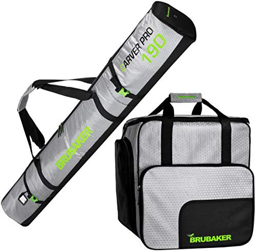 BRUBAKER Kombi Set CarverTec Pro - Skisack und Skischuhtasche für 1 Paar Ski + Stöcke + Schuhe + Helm - Silber Grün - 190 cm
