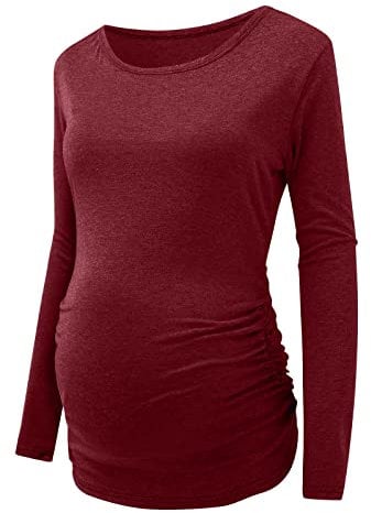 DAY8 Vêtement Femme Enceinte Hiver Pas Cher a la Mode Chemise Femme Enceinte Atuomne Haut Femme Enceinte Manche Longue Printemps Maternité T Shirt Grossesse Tunique Tops Blouse Solide (M, Rouge)