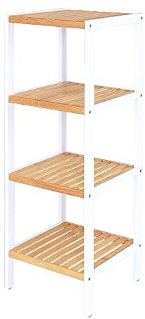dibea Badezimmerregal mit 4 Ablageflächen Wohnzimmerregal Standregal Bambusregal Badregal Bücherregal Eckregal Küchenregal 33x33x98 cm, naturfarben/weiß