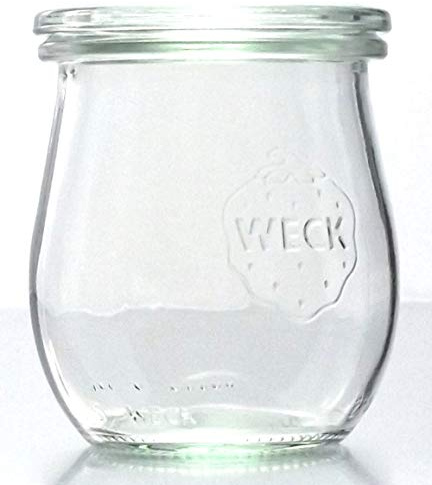 Weck 12 tarros de cristal con forma de tulipán, RR60, 220 ml, en caja de cartón original, con accesorios a elegir (con tapa de cristal, anillos y pinzas)