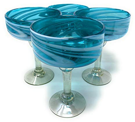 Mexikanisches mundgeblasenes Glas - 4er Set mundgeblasene Margarita-Gläser Aqua Swirl (16 oz)