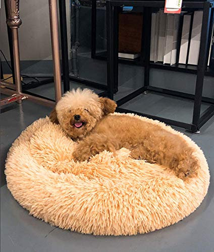 Calming Comfy Donut Katzenbett, Plüsch, warm, Marshmallow, rundes Hundekissen, atmungsaktives Kunstfell, Hundebett, Höhle, Korb für Welpen, Kätzchen, Beige, 40 cm