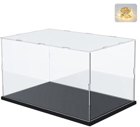 Acryl Vitrine Plexiglas Box Acrylbox Schaukasten Transparent für Lego Hagrid's Hut 76428 für Fußball 75347 42205 21270 75387 42161 42173, Display Case Cabinet für Autos mit Led, Schwarz 30x20x20cm
