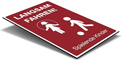 Vorsicht Kinder Schild – Alu-Verbund 200x300 mm, Spielstraße, Signalrot | Rotes Alu-Verbundschild mit Piktogramm und dem Text „Langsam fahren! Spielende Kinder – 200 × 300 mm, wetterfest