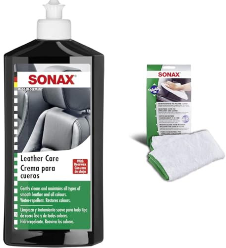 SONAX LederPflegeLotion (500 ml) wasserabweisende Lederpflege mit Bienenwachs für eine sanfte Reinigung & Microfasertuch für Polster und Leder zur fusselfreien Fahrzeuginnenreinigung (40x40 cm)