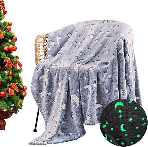 Kuscheldecke Kinder 150 x 200 cm, Sterne Decke Leuchtet im Dunkeln, Flauschige Fleecedecke Mond Glow in The Dark, Blau Winter Warm Geschenke für Jungen Mädchen