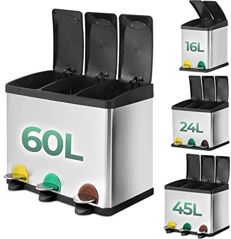 Jago® Papelera Reciclaje - con 3 Compartimentos, Cubos Internos Extraíbles, Pedal, Capacidad 60 L, Acero Inoxidable Cepillado - Cesto, Cubo de Basura para Cocina, Baño, Oficina, Basurero