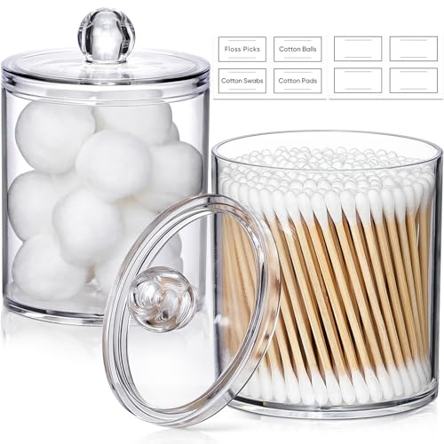 2 Pack Acrylic Qtip Holder Dispenser for Cotton Swabs, Balls, Pads, Floss Picks- Small Clear Plastic Canister Apothecary Jar Set, Bathroom Essentials Accessories Decor, Vanity Makeup Storage Organizer