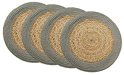 Chardin home Round Verona Woven Jute & Cotton Braided PLACEMAT (Set of 4), Size -15” Round, Color - Natural Jute with Grey Border