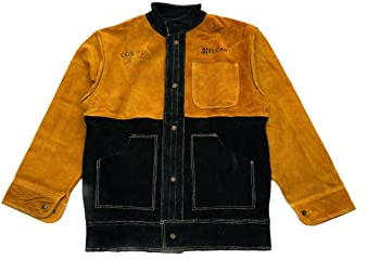 ELCAN Professional Schweißjacke aus flammhemmendem, hitzebeständigem Leder in Gelb und Schwarz, Arbeitskleidung für Elektrodenschweißen, TIG, MIG, MAG, Grillen, Kamine, Öfen… (Größe M)
