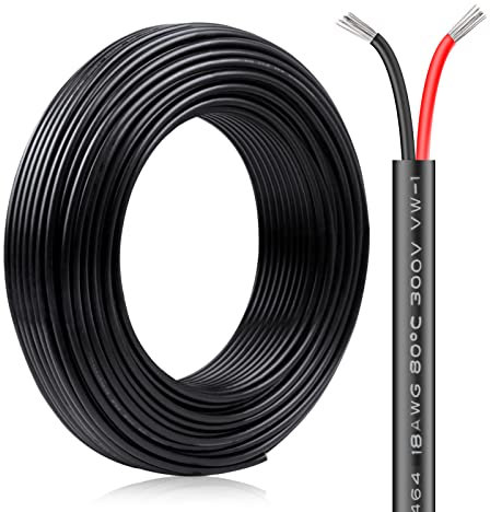 20M/65.6ft 12V Low Voltage Wire, Outdoor Landscape Lighting Cable, 18 Gauge Conductor Extension Cable, 18AWG Electrical Cord Red & Black Tinned Copper Hookup Wire Kit, 2 Pin with Black Reel Package