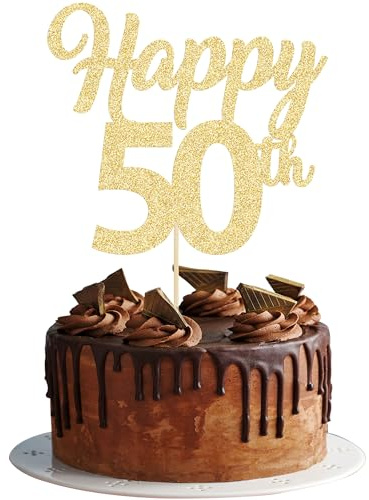 Tortenaufsatz Happy 50th, goldfarben, glitzernd, Zahl 50, Fifty Birthday, Kuchendekoration für Prost bis 50. Geburtstag, Hochzeitstag, Partyzubehör, 3 Stück