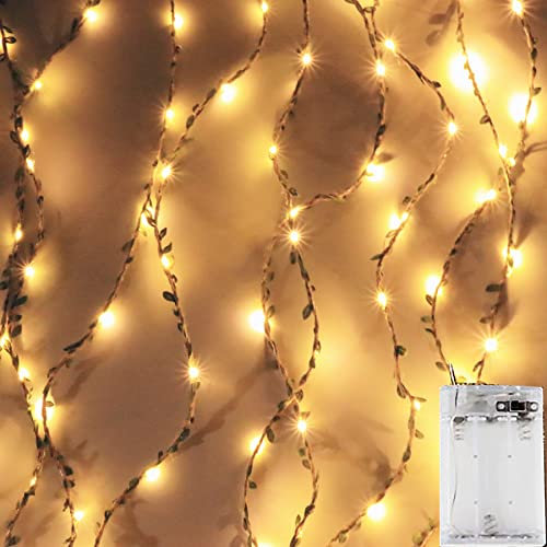 Lot de 2 cordes de jute avec feuilles et guirlandes lumineuses de 2 m de ficelle de jute avec feuilles de lierre artificielle pour travaux manuels, emballage de mariage, Noël, jardin de maison
