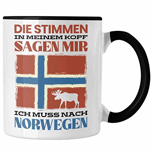 Trendation - Norwegen Geschenke Tasse Flagge Nordkap Elch Die Stimmen In Meinem Kopf Sagen Ich Muss Nach Norwegen (Schwarz)