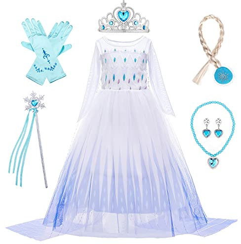 LOBTY Mädchen Elsa Prinzessin Kleid mit Accessoires Schneekönigin 2 Verkleidung Kinder Prinzessin Kleid Geburtstag Party Weihnachten Halloween Karneval Cosplay Kostüm Weiß, 150