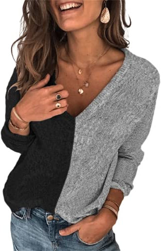 HEYPORK Damen Herbst Winter Warm Bequem Pullover Casual Mode Strickjacke Strickpullover Frauen Pullover Patchwork Rundhals Mode Persönlichkeit Stricken Pullover(Grau, XL)