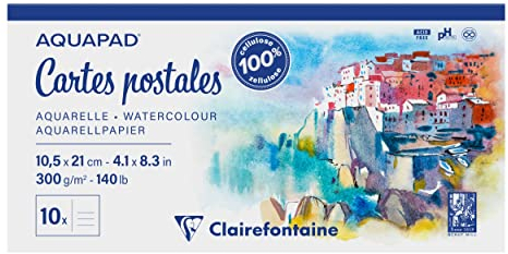 Clairefontaine Aquapad 975955C - Cartoline incollate blocco - 10 fogli di carta bianca per acquerello grana media fine 10,5 x 21 cm, 300 g - Ideale per artisti che girano il mondo