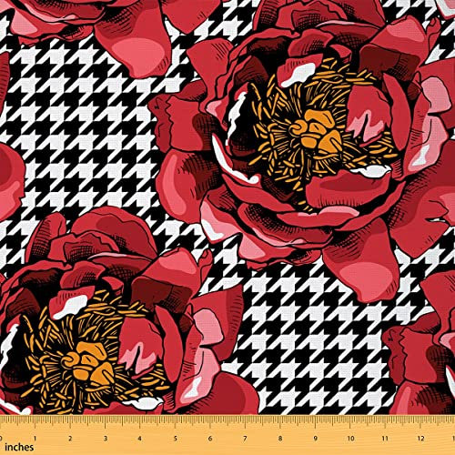 Tela impermeable de flores rojas de The Yard con rejilla de pata de gallo blanco y negro para el hogar, tela de tapicería vintage romántica de plantas florales para manualidades, costura acolchada, 5