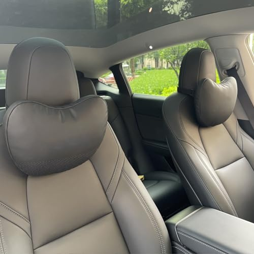 TANOLA TESBEAUTY Tesla Sitz-Kopfstützenkissen, 2 Packungen, Tesla-Nackenkissen, einzigartiges Design für Tesla-Modell Y/3 Nackenstützkissen, echtes Nappaleder, sichtbarer Riemen, Schwarz