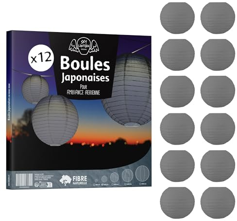 12 x Papierlaternen, 20 cm, grau – Papier-Kugel-Aufhängung 20 cm (12 Zoll) Typ japanische Laterne für Dekoration Hochzeit – 12 Stück – Das Must aus der Reihe von Lampions Papier – Anleitung in
