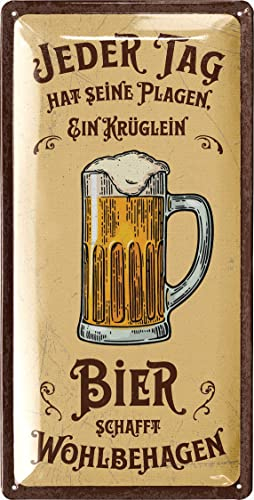 LANOLU Retro Blechschild BIER SCHAFFT WOHLBEHAGEN - lustige Schilder mit Sprüchen, Bar Dekoration für Partykeller, Kneipen Bardeko - Geschenkidee Papa zum Vatertag 16x32cm