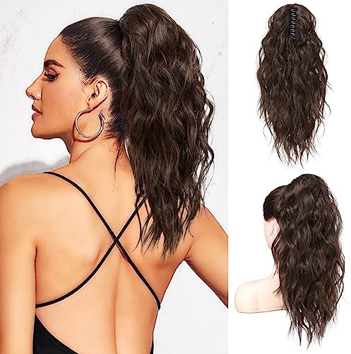 FLUFYMOOZ Ponytail Extension Pferdeschwanzverlängerung, 46 cm Klauenclip Pferdeschwanzverlängerung, gewellte lockige Klauenclip in Pferdeschwanz Haarverlängerungen (Dunkles Schokoladenbraun)